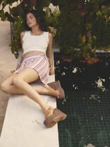 Aralina 休闲 Y2k 条纹低腰度假系带海滩亚麻迷你裙