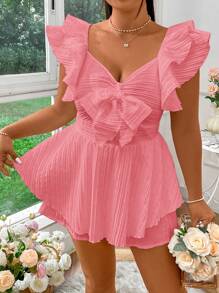Flirla Plus Size V-Neck Bowknot Romper - Dusty Pink - View 4