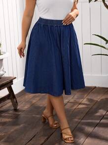 EMERY ROSE Plus Size Casual Elastic Waist Denim Skirt - Blue - View 2