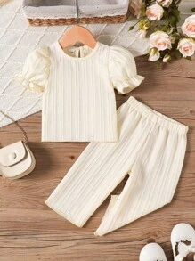 2pcs Baby Girl Casual Crew Neck Puff Sleeve Top And Wide Leg Pants Set, Style For Spring/Summer - Apricot - View 1