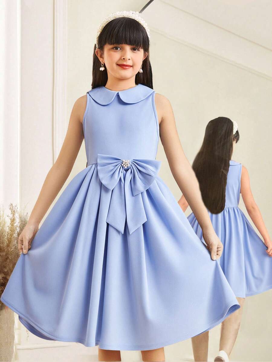 SHEIN 少女优雅领蝴蝶结无袖荷叶边连衣裙 - 藍色 - 查看 1
