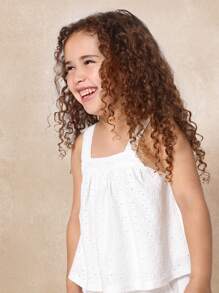 SUMWON 女童夏季英式刺绣背心方领无袖孔眼蕾丝荷叶边儿童休闲公主飘逸现代漂亮上衣，非常适合春假海滩派对日常穿着