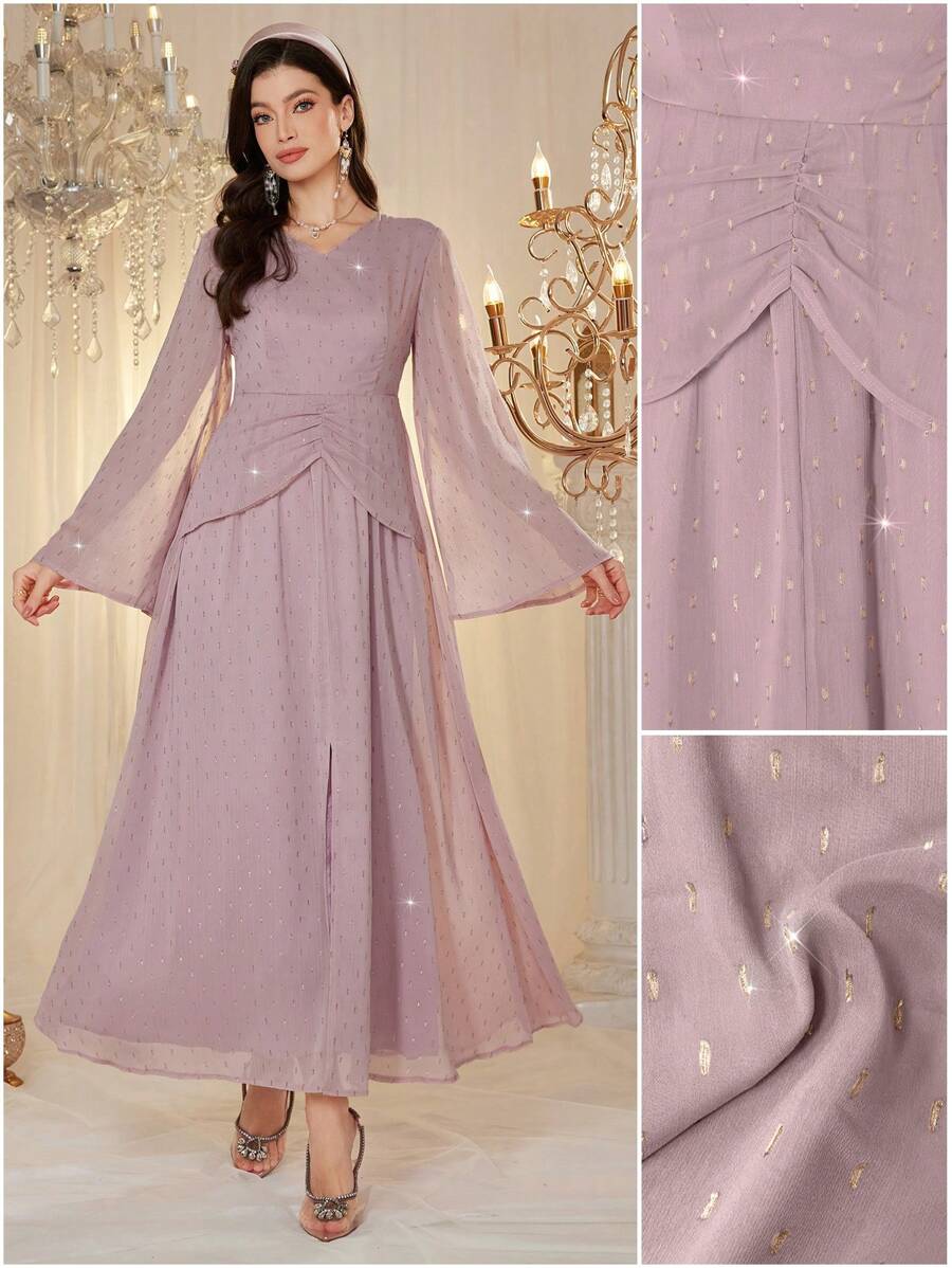 Modelyn Dam V-ringad Långärmad Slit Minimalistisk Elegant Klänning - Rosa - Visa 1