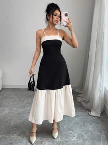 Chiquease Váy du lịch xếp nếp màu khối spaghetti dây buộc mùa hè cho nữ - màu đen - Xem 5