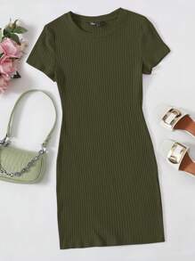 SHEIN EZwear 羅紋針織素色連衣裙 - 軍綠色 - 查看 6