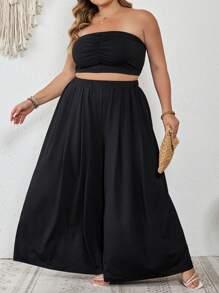 SHEIN CURVE+ 大码女式夏季波西米亚风露背褶皱裤套装，海滩度假性感波西米亚风度假 - 黑色 - 查看 4