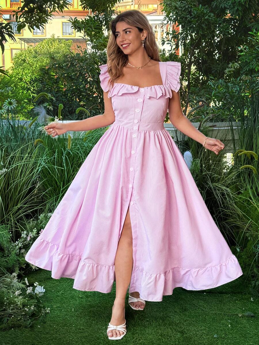 Flirla Plus Size Women Striped Print Ruffle Hem Long Skirt - Pink - View 1