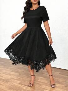 SHEIN Clasi Vestido negro casual con textura, vestido con encaje negro, vestido de punto de manga corta de verano delgado con encaje, vestido de punto a línea midi con cuello alto y cintura, vestido midi de encaje estilo francés