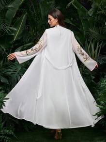 Al Najma Women's Elegant Embroidered & Beaded Long Bell Sleeve Coat With Camisole Dress Arabic Clothing Set, Spring/Summer - White - View 3