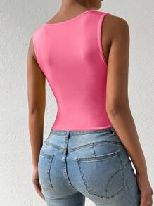 Chiquease Women's Solid Color Cropped Slim Fit Casual Pink Square Neck Tank Top