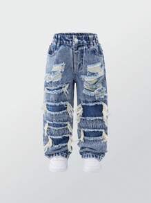 SHEIN Explorewe Denimly Young Boys' +Casual Daily Urban Street Style Straight Leg Jeans With Ripped Holes, Elastic Waistband And Button Closure Summer Holiday - Medium Wash - View 1