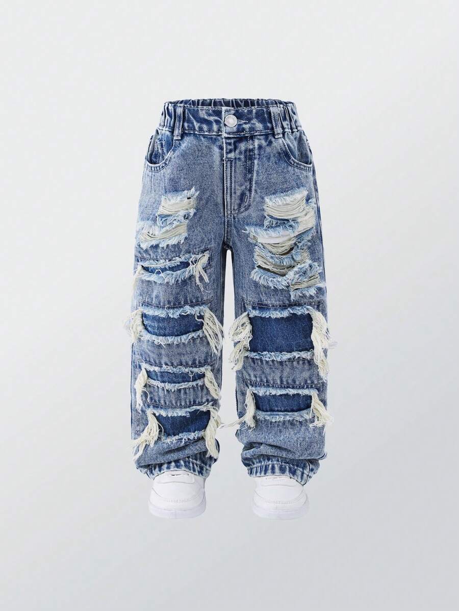 SHEIN Explorewe Denimly Young Boys' +Casual Daily Urban Street Style Straight Leg Jeans With Ripped Holes, Elastic Waistband And Button Closure Summer Holiday - Medium Wash - View 1