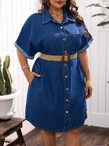 SHEIN LUNE 大码休闲度假前扣蝙蝠袖牛仔连衣裙