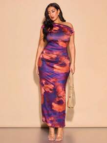 SHEIN BAE Plus Size Women's Elegant Long Asymmetric Collar Bodycon Knit Dress With Colorful Ombre Print, Suitable For Daily Wear, Commute, Outing, Date, Afternoon Tea, Vacation - Purple - View 3