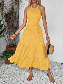 Breezaya 女士休闲系带褶皱下摆长裙超长度假海滩装 - 黃色 - 查看 4