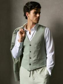 Manfinity VCAY 2pcs Men Slim Fit Notched Collar Fashion Casual Suit Set, Suitable For Daily Office - Green - View 11