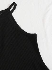 SHEIN EZwear Women's Solid Color Rib-Knit Halter Bodysuit - Black - View 3