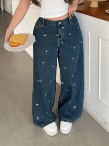 SHEIN MOD Plus Size Dark Blue Jeans Casual Fit Straight Trousers Small Floral Pattern Romantic Spring And Summer Jeans