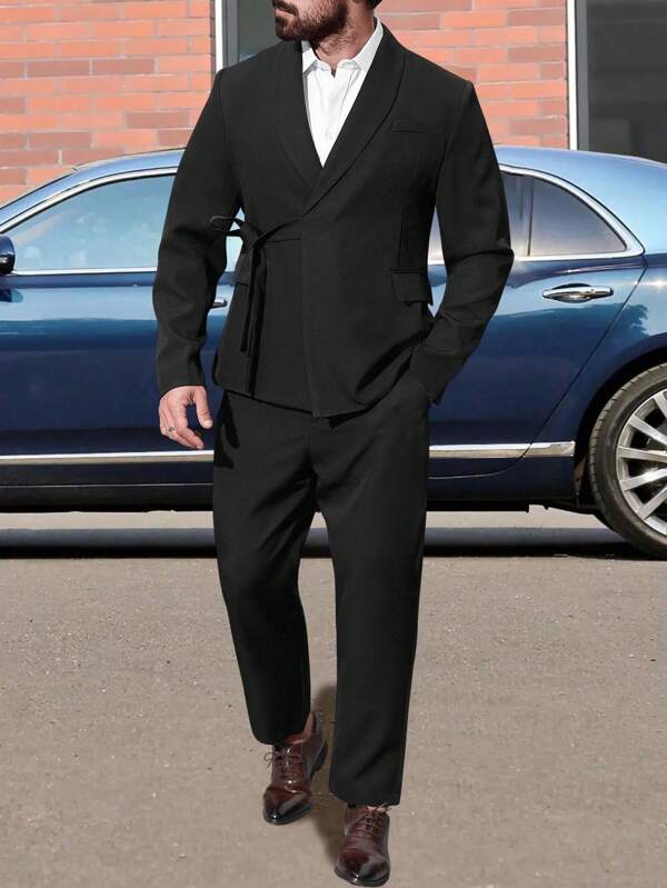 Manfinity Mode Plus Size Men's Solid Color Tie Waist Long Sleeve Top And Pants Suit Set, Minimalist