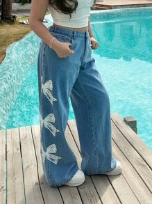 SHEIN MOD Blue Women's Plus Size Jeans Side Bow Elegant And Beautiful Straight Wide Leg Pants Movement Ballet Style Summer Jeans - Light Wash - View 3
