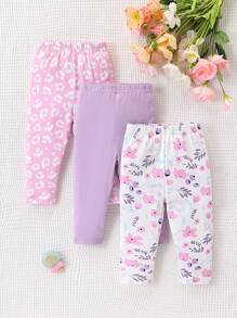 SHEIN Vintaside Kids Conjunto de 3 piezas de mallas con diseño de volantes, estampado de flores y estampado de leopardo para bebé niña, casual y versátil