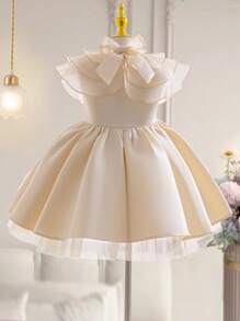 SHEIN Young Girl 2pcs Set: Cute Woven Mesh Organza Shawl & Woven Jacquard Sleveless Elegant Dress Outfit, 3D Rose Flower & Back Big Bow Decor,Spring/Summer Ramandan Style,Suitable For Girls Daily Wear, Festivals