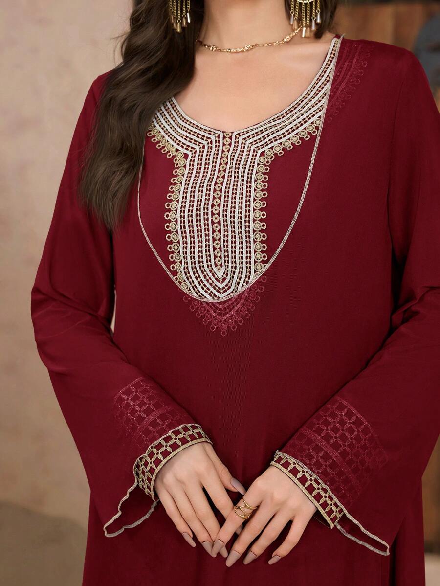 Al Najma Women's Spring Summer Mesh 2 Pieces Turkish Embroidered Dress & Arab Traditional Maxi Dress, Modest Kaftan - Red - View 1