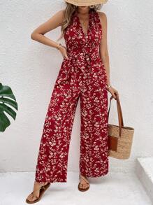 SHEIN Frenchy 女士度假休闲碎花露背吊带连体裤 - 酒紅色 - 查看 5