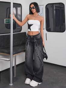 EURMUSE 女士低腰阔腿牛仔裤