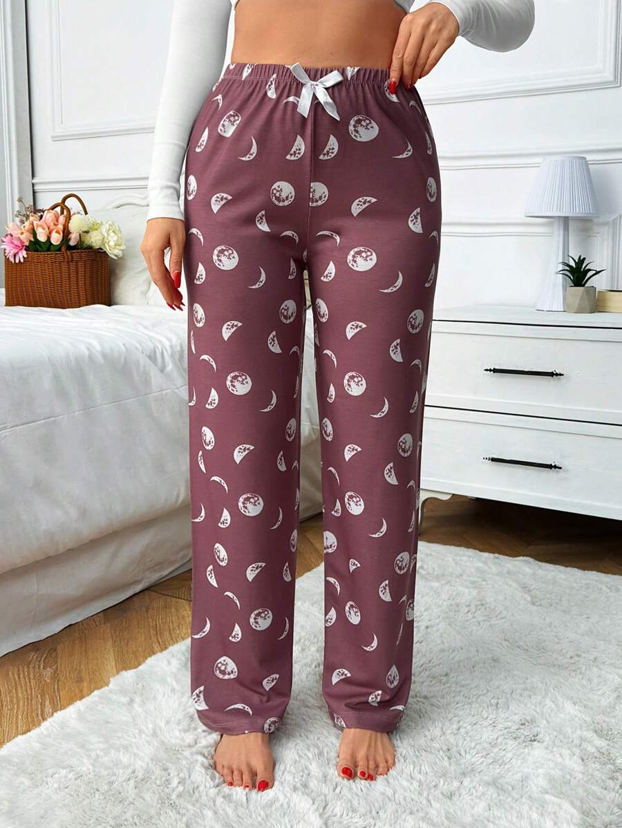 RueChic Women High Quality Soft Touch Viscose Contrast Colour Moon Pattern Lounge Bottom - Purple - View 1