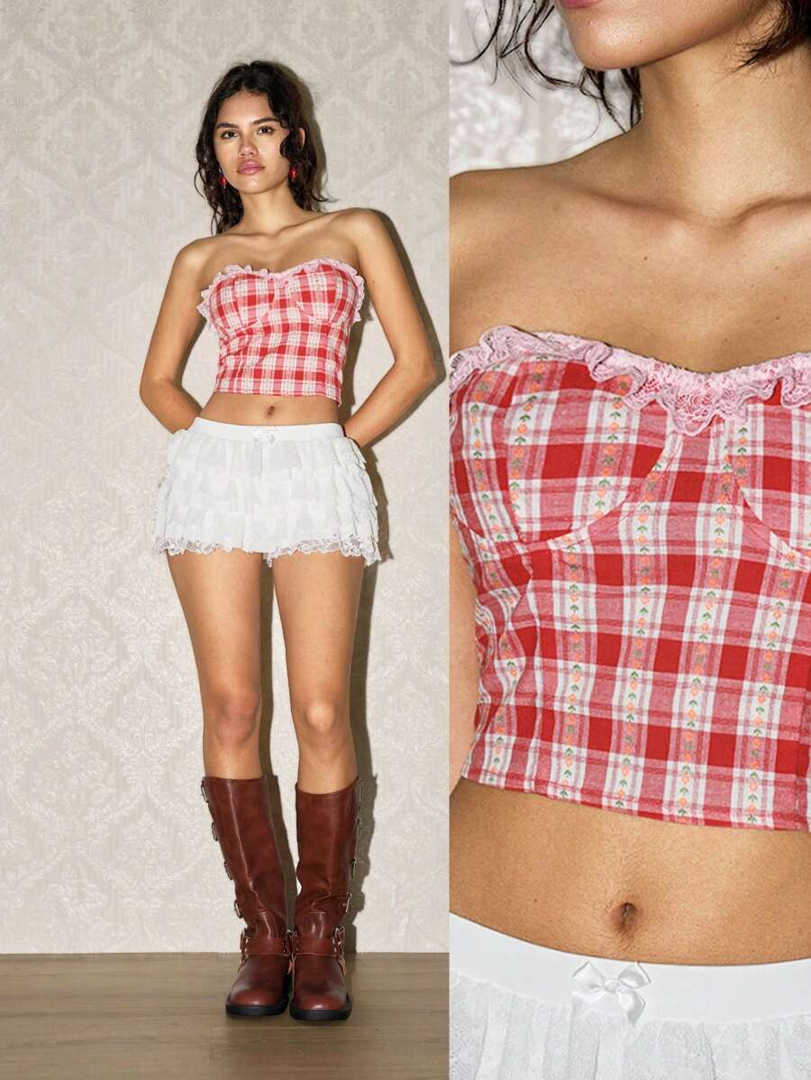 Easelle 女士蕾丝拼布抹胸，简约修身休闲度假上衣 - 粉色 - 查看 1