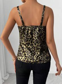 SHEIN Clasi Camiseta sin mangas elegante para mujer, con decoración metálica en estampado de leopardo negro y dorado en tela revestida, cuello en V, casual para primavera/verano