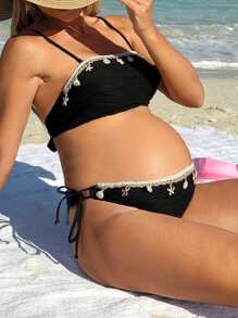 SHEIN Maternity Floral Trim Starfish & Shell Print Bandeau Bikini For Summer Beach Vacation - Black - View 1