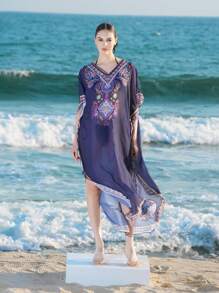 SHEIN Swim New Bohemian V-Neck Positioned Print Short Sleeve Long Pants Beach Cover-Up Outfit Women Springbreak Summer Festival Boho - Navy Blue - View 4