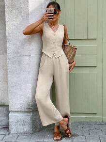 Easowa Conjunto de 2 piezas de chaleco y pantalones de tweed estilo oficina, estilo de dinero antiguo para mujer - Albaricoque - Ver 6