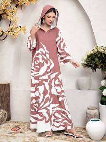 Seusyu Women Floral Print Long Sleeve Hooded Casual Arabian Dress,Modest - Pink - View 5