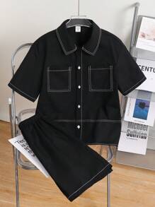 SHEIN Leap Crew 2pcs/Set Tween Boys Korean Style Casual Contrast Collar Pocket Shirt & Elastic Waist Shorts, Suitable For Outings, School, Holiday, Home, Sports, Spring/Summer - Black - View 2