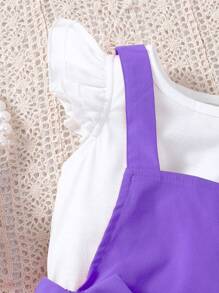 SHEIN 2 件套年轻女孩荷叶边袖上衣和纹理吊带连衣裙套装，春夏