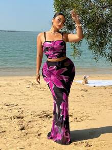 Flirla 2pcs/Set Plus Size Women Floral Print Camisole & Extra Long Skirt Co-Ord Set, Vacation Beach - Multicolor - View 3