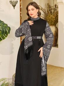 Al Najma Plus Size Stylish Casual Print Patchwork Tassel Cuff Long Sleeve Dress - Black - View 5