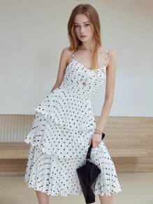MOTF STUDIO 波点褶饰连衣裙 - 白色 - 查看 1