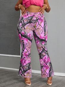 SHEIN SXY Plus Size Retro Style Trees & Branches Print Bodycon Flare Leg Jeans Women Summer Outfits  Old Money Pink Jeans