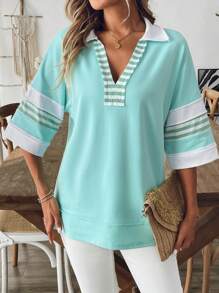 SHEIN LUNE Women's Western Country Casual Vacation Distressed Colorblock Patchwork Cotton Short Sleeve Polo Collar T-Shirt Top, Summer