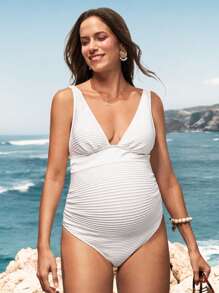 SHEIN Đồ bơi một mảnh cổ chữ V sâu thanh lịch cho phụ nữ mang thai - Màu be - Xem 1