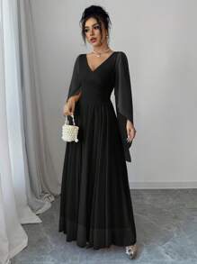 Elenzga Đầm dài tay thanh lịch lãng mạn cổ chữ V xẻ eo thời trang cho nữ - màu đen - Xem 4