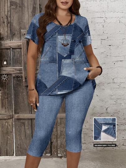 EMERY ROSE 2pcs/Set Plus Size Women Casual Patchwork Denim Effect T-Shirt And 3/4 Leggings Set, Summer Suitable For Going Out,Flower/Vacation/Spring