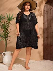 Swim Lushoire Plus Size Black Short Sleeve Hollow Geometric Pattern Loose Beach Cover Up For Women, Mid-Length, For Summer Vacation - Black - View 3