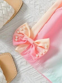 Summer New Fashion Stylish Rainbow 2pcs Set - Bowknot Pearl Cami Top + Matching Shorts, Cute Summer Outfit For Young Girl