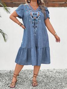 Linhara CURVE 大码花卉刺绣袖纯色亚麻休闲节日音乐节连衣裙 - 藍色 - 查看 3