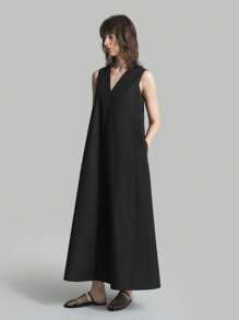 Ontre 2026 New Women's Summer Solid V-Neck Sleeveless Long Loose Dress, Suitable For Casual Urban Elegant Minimalist Wear, Teacher's Day Gathering Party